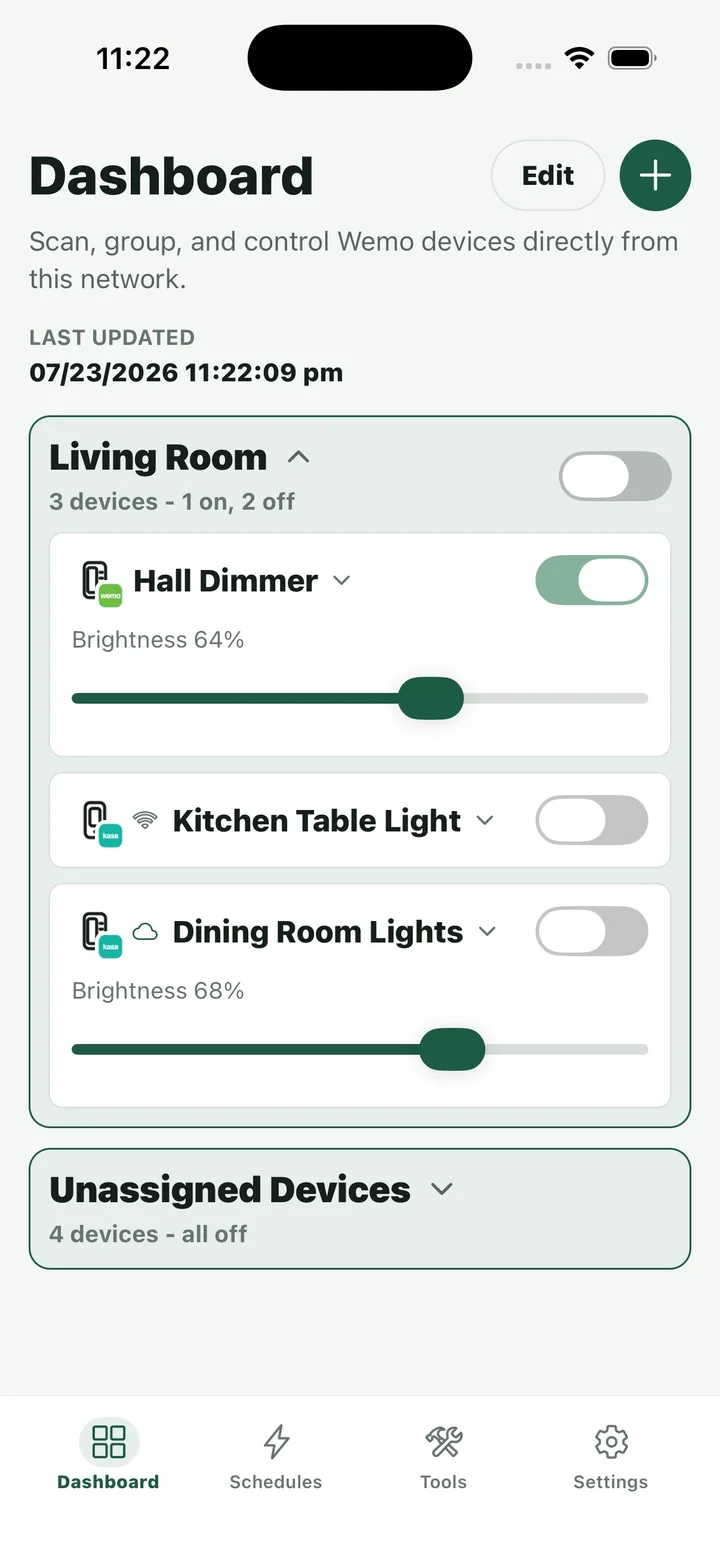 SwitchPilot dashboard on an iPhone